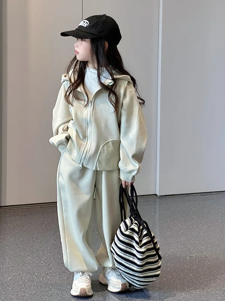 2026 Winter Herbst Teenager-Mädchen-Set: Lose Jacke mit Kapuze + Trainingsanzug mit weiten Hosen, Kinderkleidung, Outfit für Kinder 4 8 10 12 Jahre