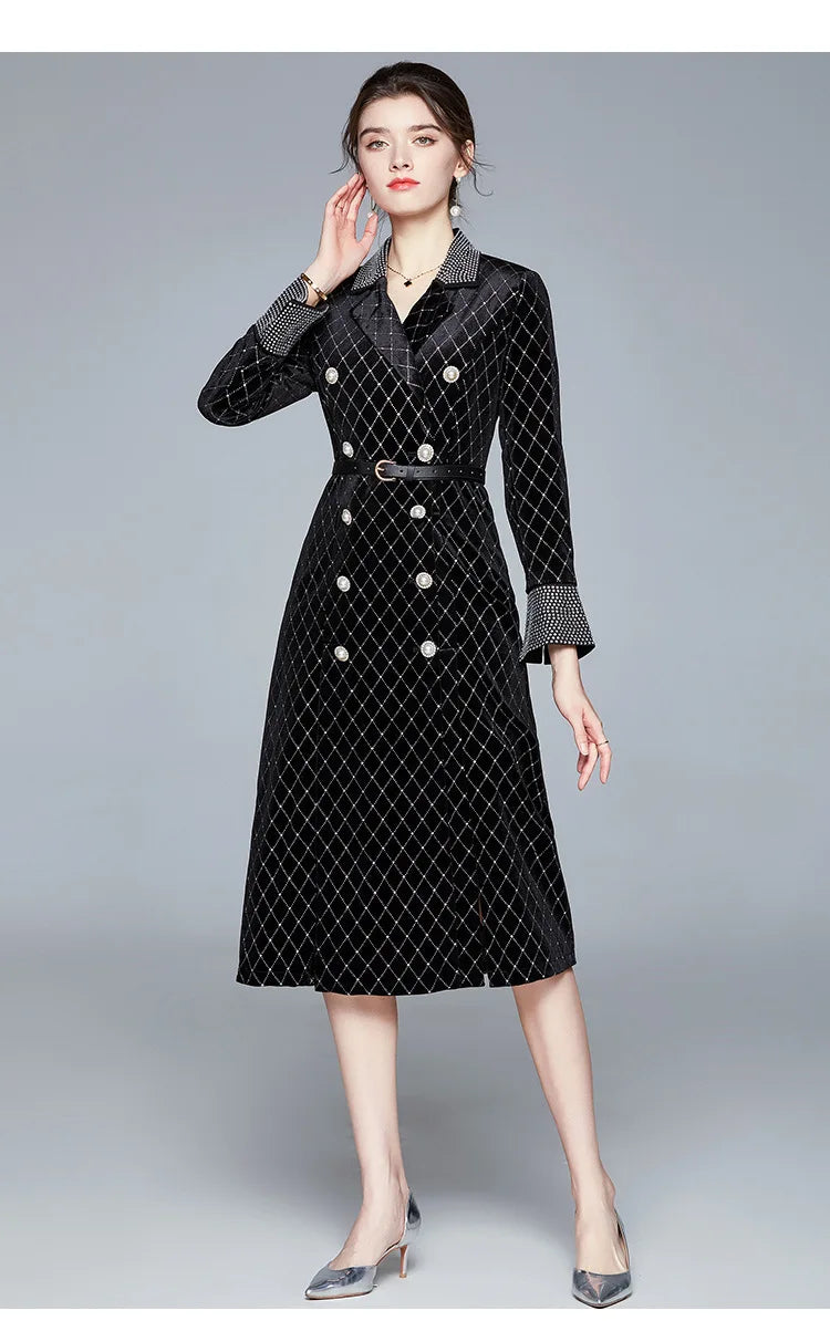Frauen neue zweireihige kleid bohrer perle samt graben mantel herbst kaminsims damen