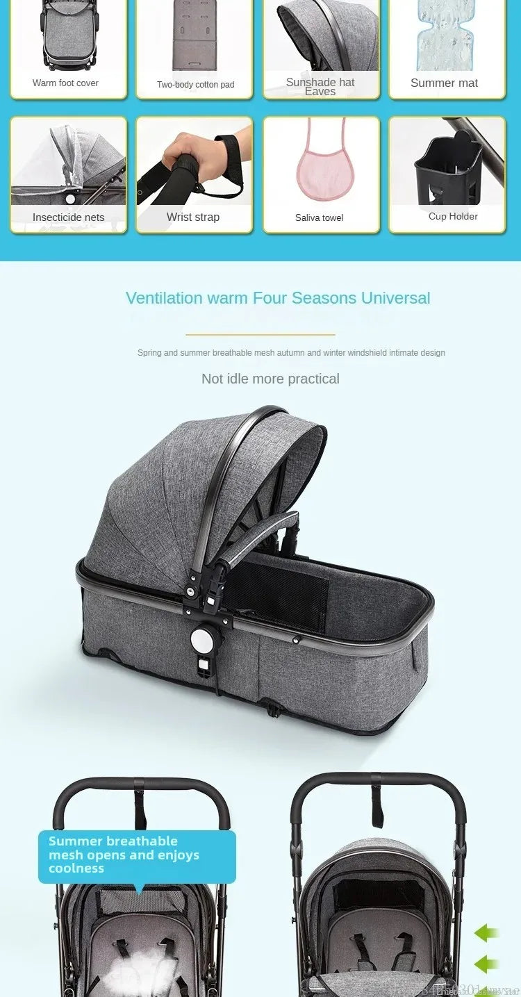 3-in-1-Kinderwagen, klappbar, beidseitig nutzbar, für alle Jahreszeiten, Kinderwagen, Babykutsche, hohe Sitzposition, für Neugeborene, Reisen