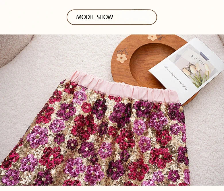 Mädchen Paillettenrock Blumenmode A-Linie Kurzer Rock für Kinder bestickt Elegante Prinzessin Herbst Winter Teen Kinder Kostüme