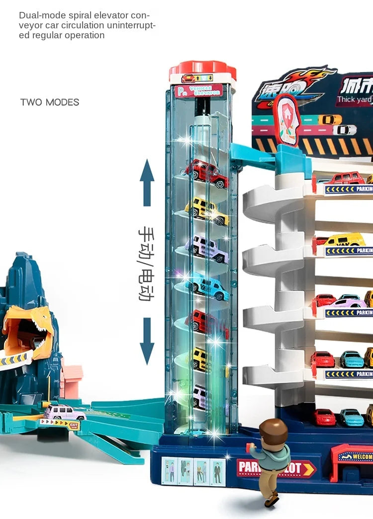 Elektrische Schienenauto Dinosaurier Gebäude Parkplatz Abenteuer Racing Schienenauto Spielzeug Kinder Gehirn Mechanische Interaktive Schienenautos