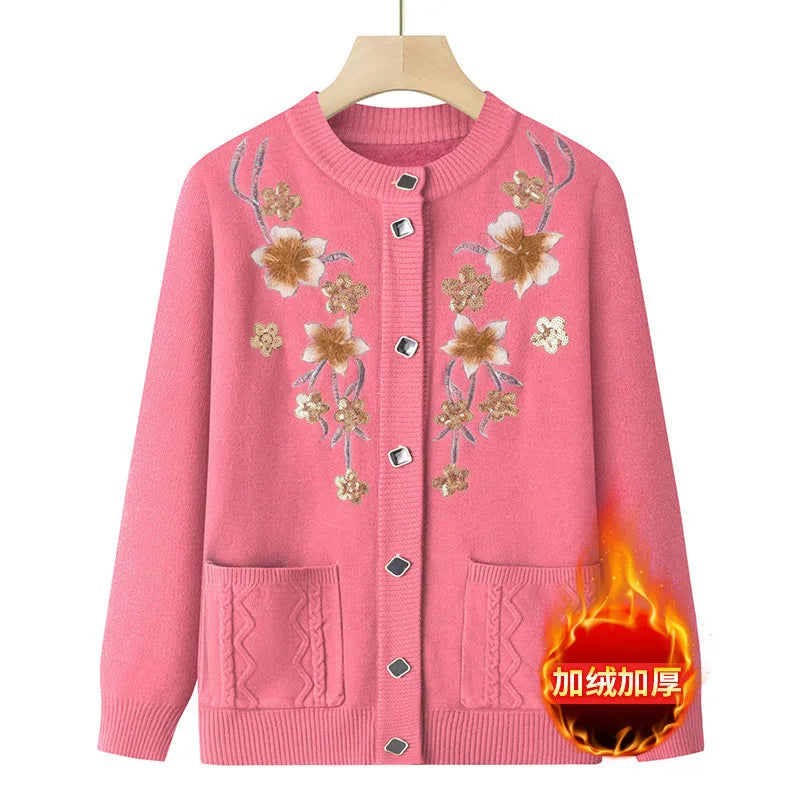 Herbst Winter warme Pullover Jacke Damen Print mittleren Alters Mutter Strickjacke Oma plus Samt Strickjacke Mantel weiblich 2915