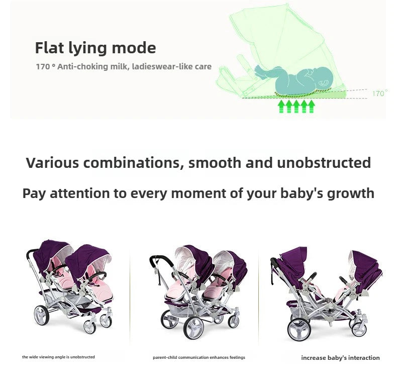 Faltbarer Zwillingskinderwagen, Doppelsitz-Kinderwagen für zwei Babys, stoßdämpfender Zwillingskinderwagen, multifunktional