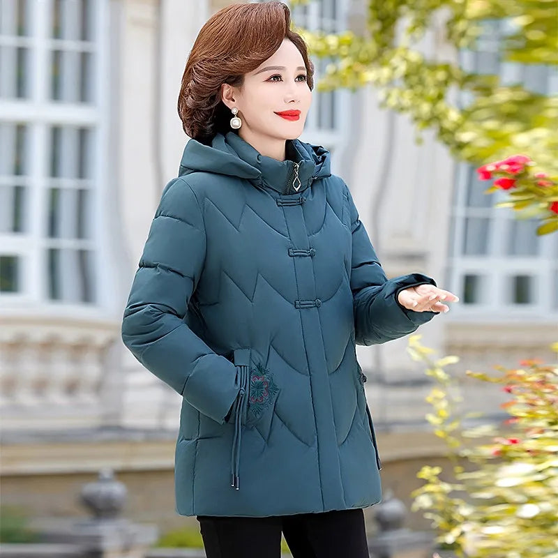 Frauen Winter Puffer Baumwolle Gefütterte Jacke Oma Mit Kapuze Fleece Dicke Parkas Warme Lose Retro Stickerei Schnee Mantel Lose Weibliche