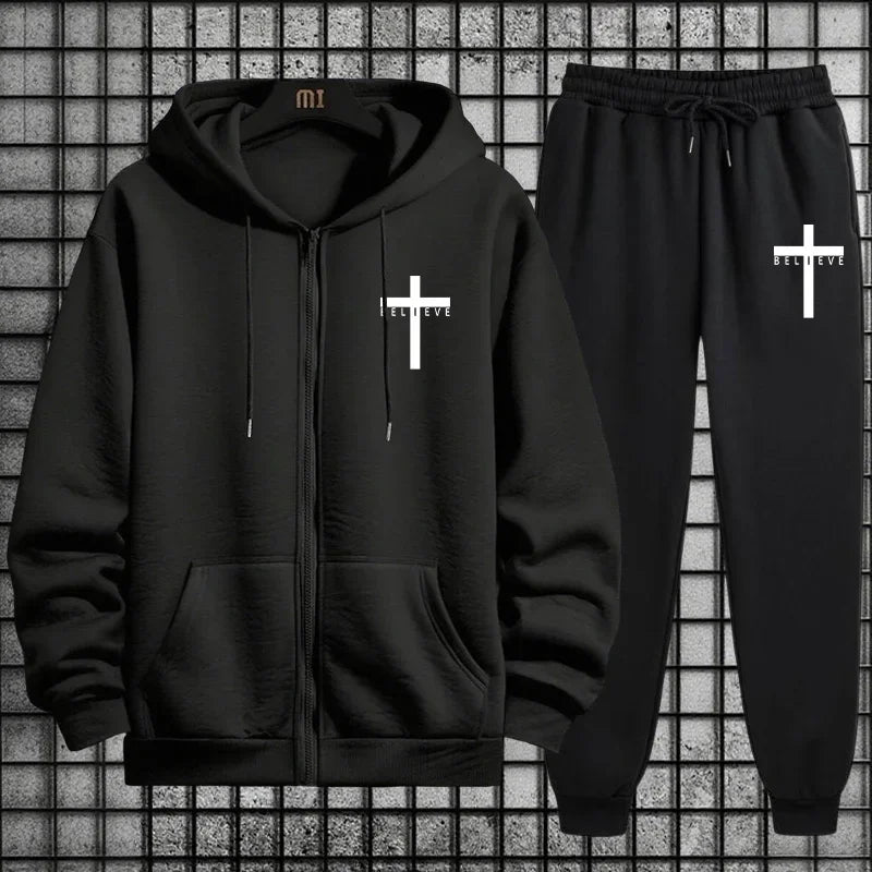 CrosofChrist Herren Hip-Hop Trainingsanzug 2025 N 2-teiliges Outfit Reißverschluss-Hoodie Jogger Urban Streetwear Herbst Winter Mode
