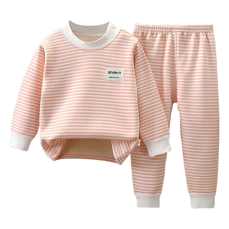 Warmes Baby-Kleidungsset mit Fleece-Futter für Kinder, Jungen und Mädchen, gestreifte Unterwäsche, Nachtwäsche-Set, ideal für Zuhause, Pyjamas, Herbst und Winter