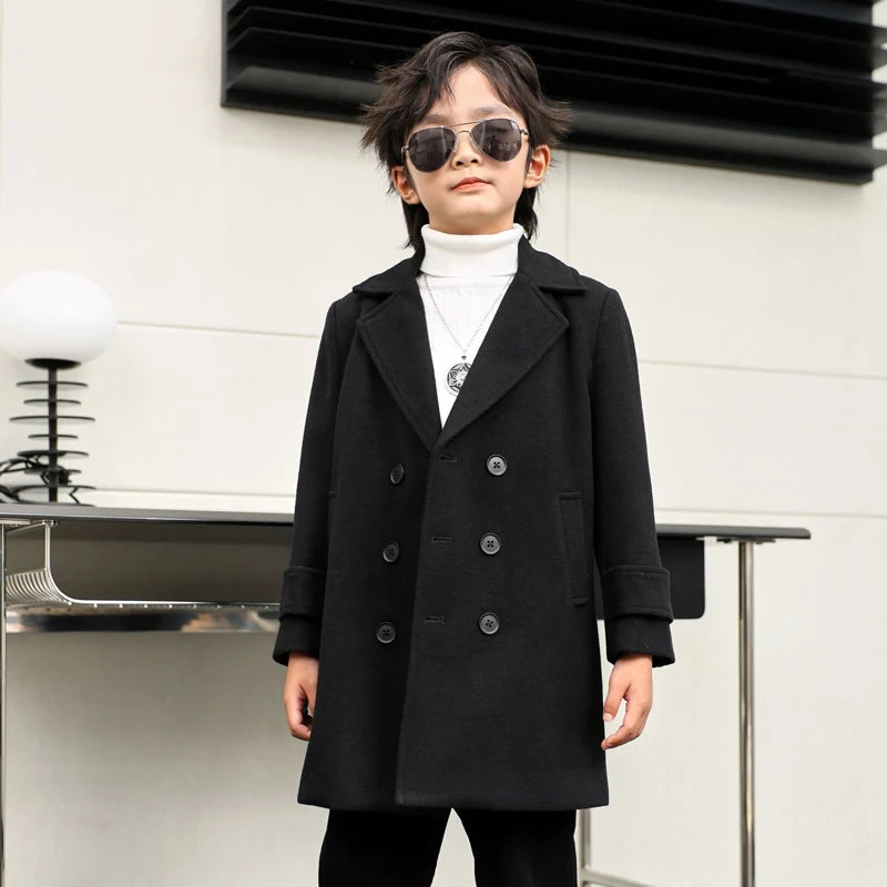 Teen Jungen Wolljacke Herbst Winter Neue Lange Stil Einfarbig Dicke Warme Revers Trenchcoat Für 3-10Y Kinder Hübsche Oberbekleidung
