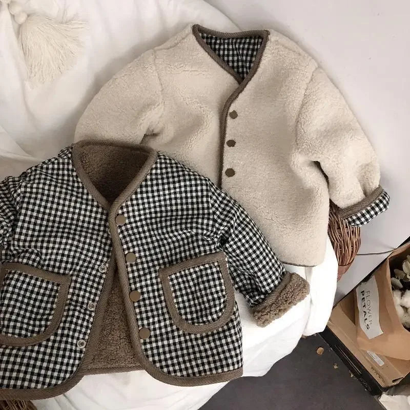 Neue Herbst und Winter Neue Warme Jacke Kinder Zwei Seiten Tragen Plaid Plüsch Jacke Kinder Jacken Winter Kleidung für Mädchen