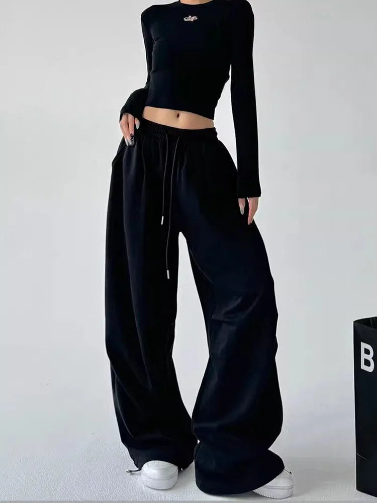Y2K Harajuku Breite Bein Jogginghose Frauen Streetwear Baggy Oversize Grau Sport Hosen Hohe Taille Kordelzug Casual Jogger Hosen
