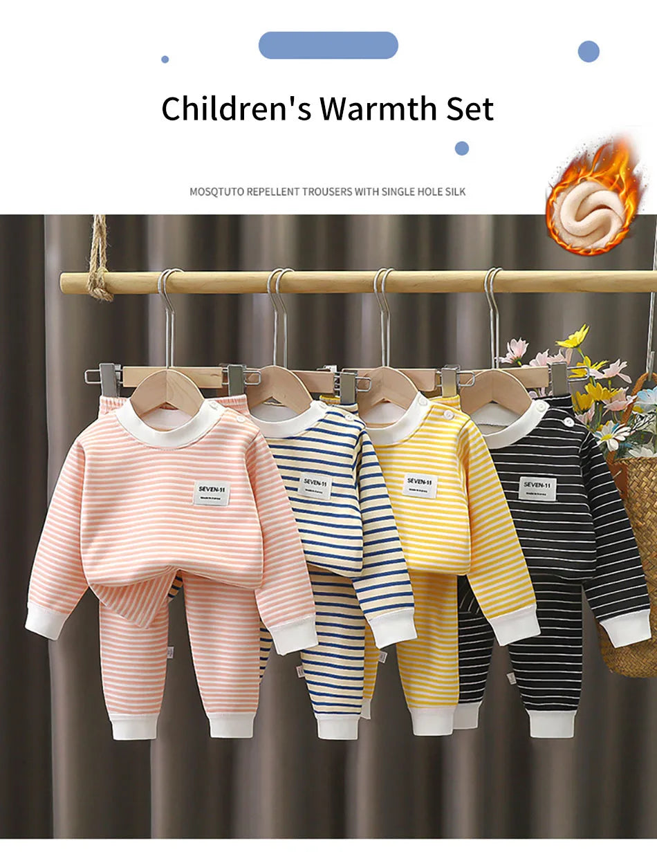 Warmes Baby-Kleidungsset mit Fleece-Futter für Kinder, Jungen und Mädchen, gestreifte Unterwäsche, Nachtwäsche-Set, ideal für Zuhause, Pyjamas, Herbst und Winter