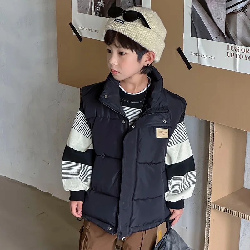 Weste für Teenager, Jungen und Mädchen, Frühling und Herbst, einfarbig, dick, warmhaltend, Stehkragen, für Kinder von 4-14 Jahren, Winter-Baumwoll-Daunenjacke