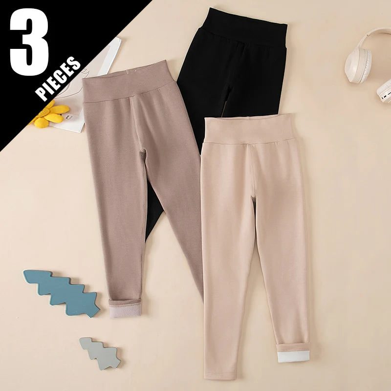 3/1-teiliges Set für Herbst und Winter, Kinder, einfarbig, mittelhohe Taille, dicke Leggings, Jungen und Mädchen, Fleece, warme Freizeithose