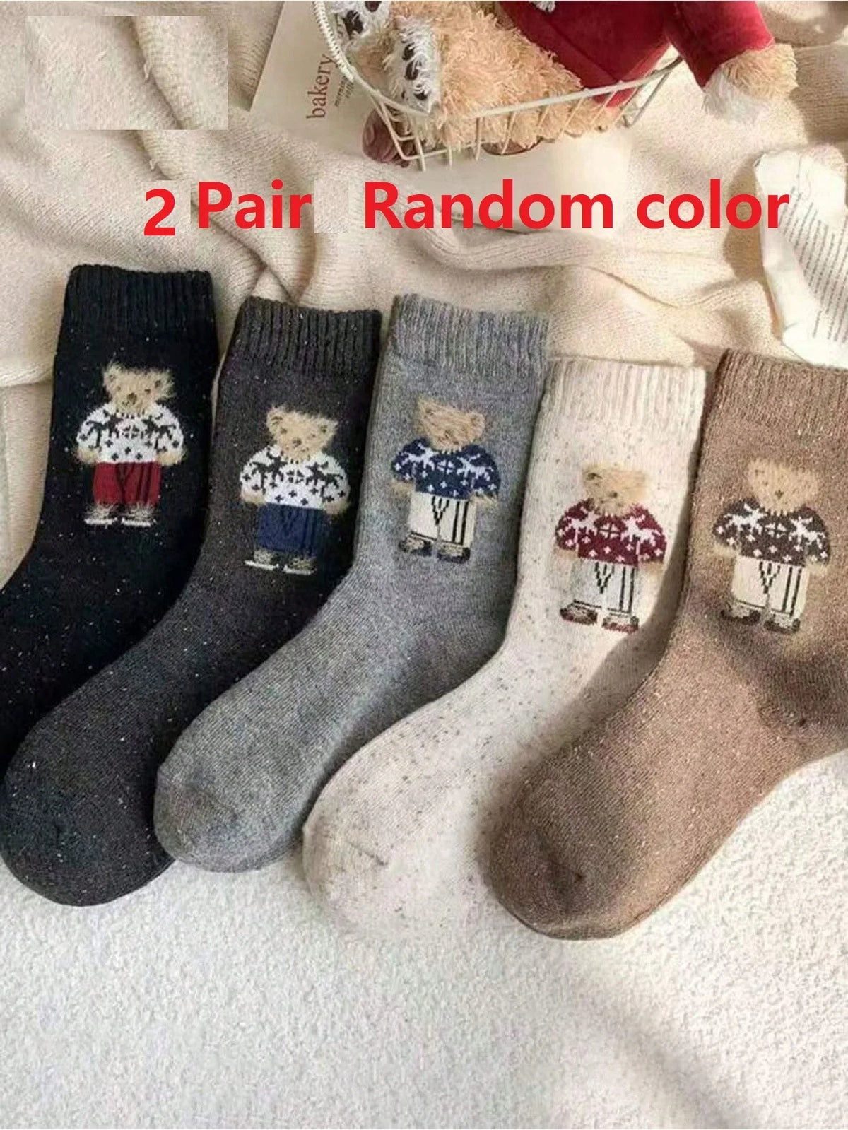 2/3/5 Paar Mädchensocken mit schönen Cartoon Bears, Autumn-Winter thick, warm Wollstocken