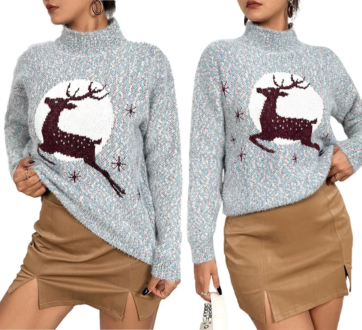 Vintage Herbstmode Damen Mittelhochgeschlossener Pullover mit Elch-Weihnachtsmotiv, Langarm-Sweater, Herbstkleidung für Frauen