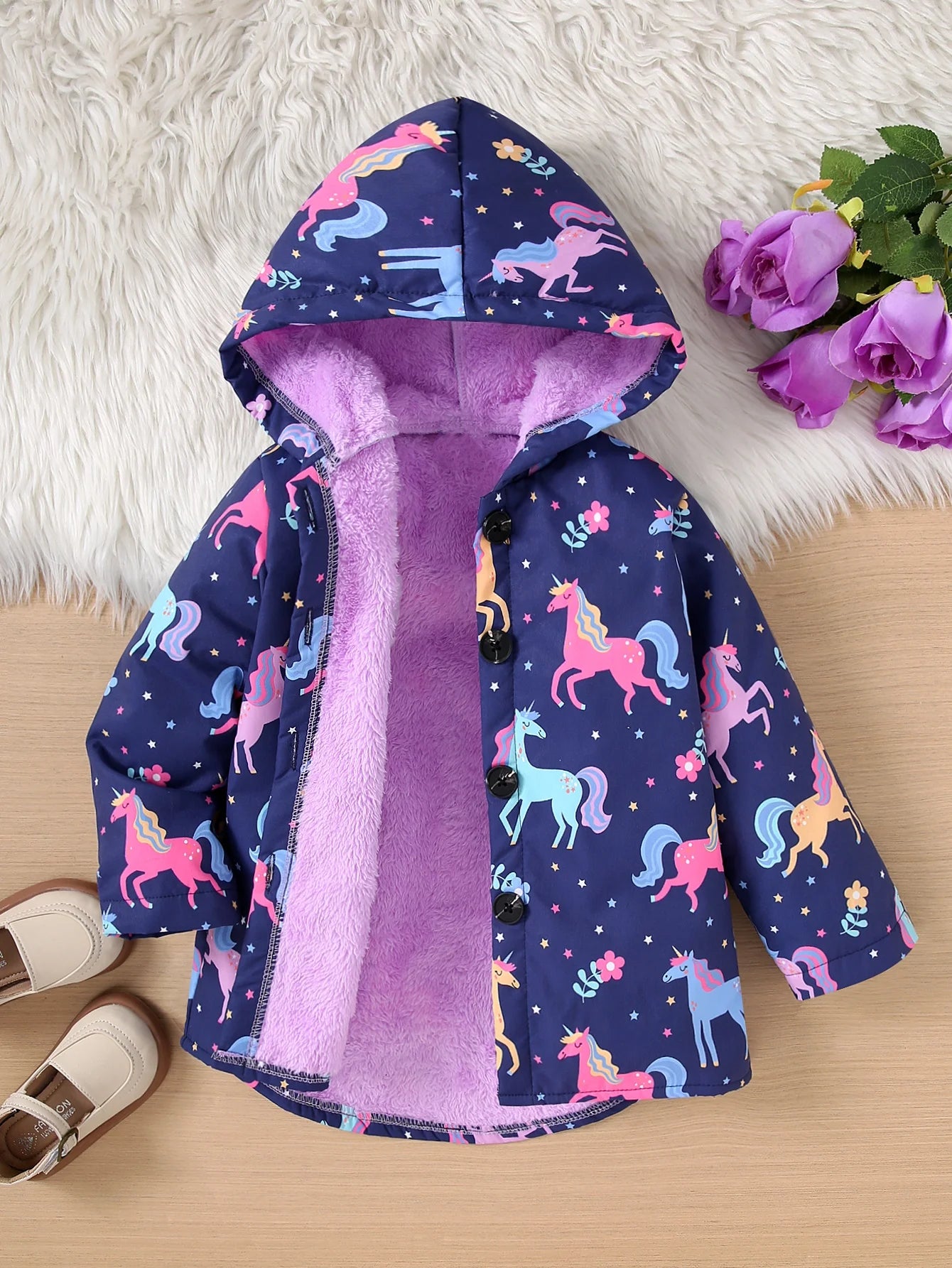Herbst/Winter-Fleece-warme und kältebeständige, farbenfrohe, bedruckte Kapuzenjacke für Mädchen für lässige Ausflüge, mittlere bis lange Jacke