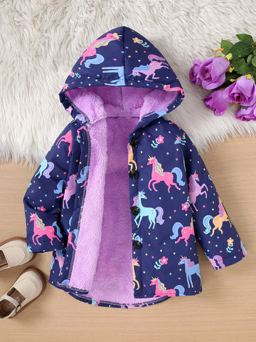 Herbst/Winter-Fleece-warme und kältebeständige, farbenfrohe, bedruckte Kapuzenjacke für Mädchen für lässige Ausflüge, mittlere bis lange Jacke