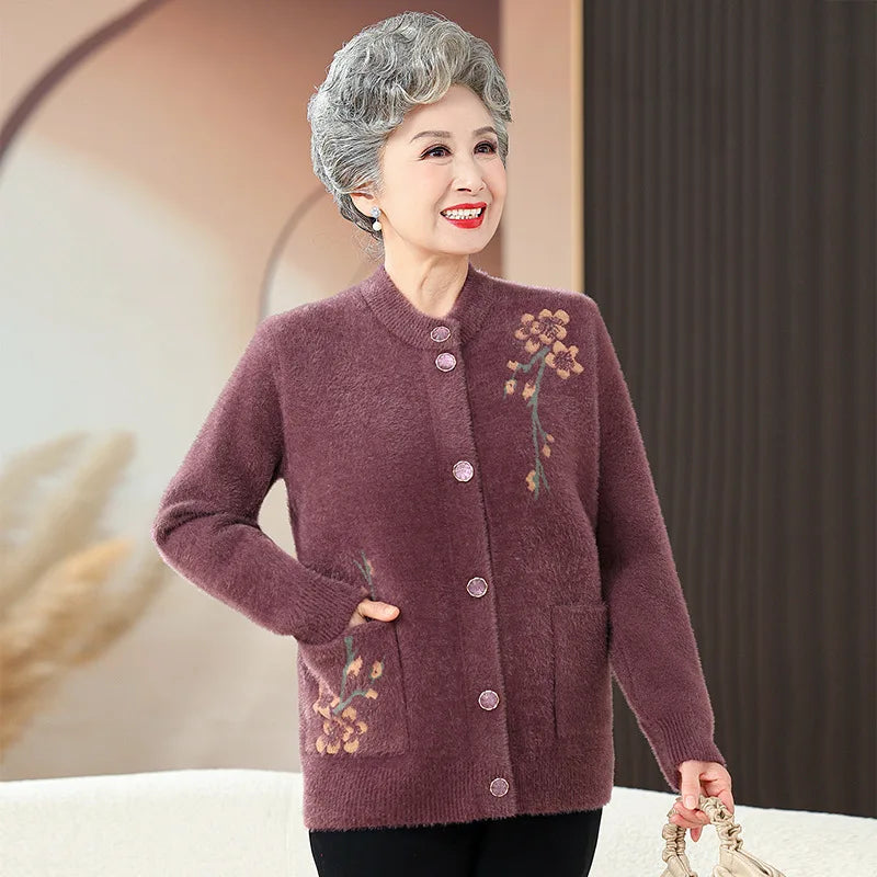 Oma Dicke Warme Nerz Samt Pullover Top Winter Mittleren Alters Mutter Draußen Tragen Strickjacke Jacke Vintage Frauen Gestrickte Mantel