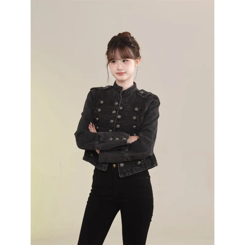 Damenbekleidung Kurzmantel Neue Jeansjacke Retro-Knopfdesign Schlanker Stehkragen Lange Ärmel Jeansoberteil Jacke Kurzmantel