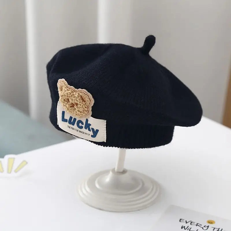 Blume Baby Baskenmütze Hut Winter Warme Gestrickte Beanie Cap für Kleinkind Mädchen Koreanische Kleinkind Prinzessin Künstler Einfarbig Maler Kappen