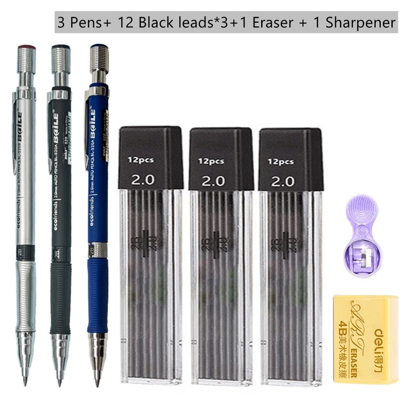 Druckbleistift-Set 2,0 mm mit 2B-Schwarz/Farben-Minenminen zum Schreiben, Skizzieren, Kunst, Zeichnen, Malen, Schule, automatischer Bleistift
