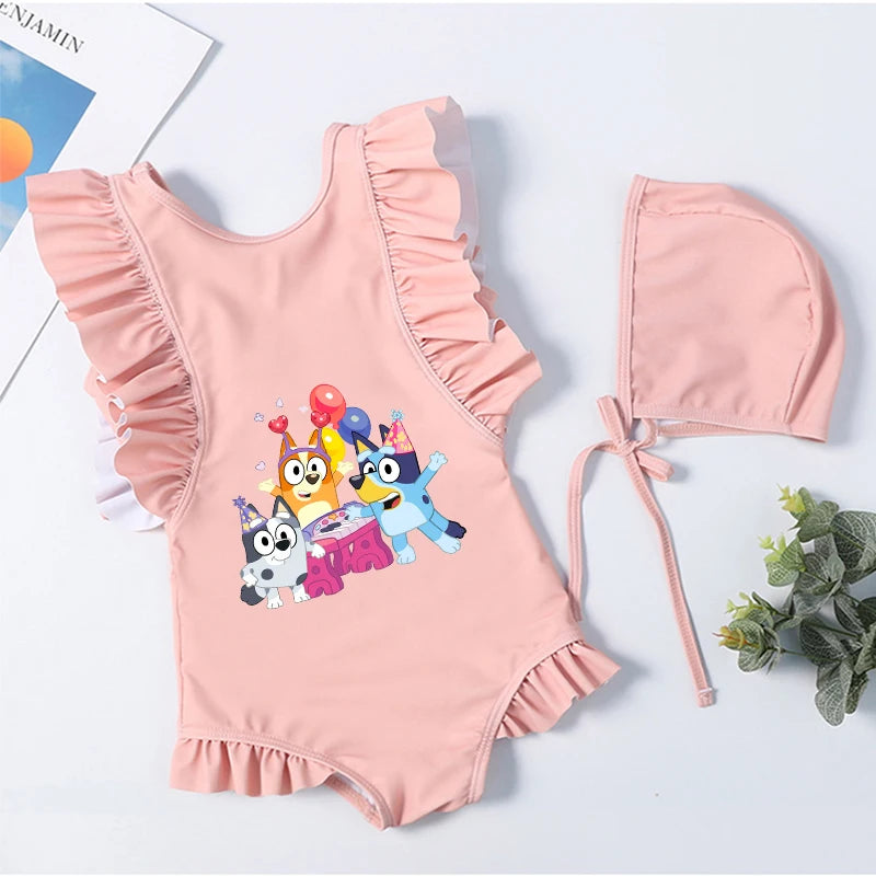 Cartoon Bluey Mädchen Sommer-Badeanzüge Kinder Einteilige & Bikini-Sets mit Badekappe Strandkleidung Bademode für Kinder