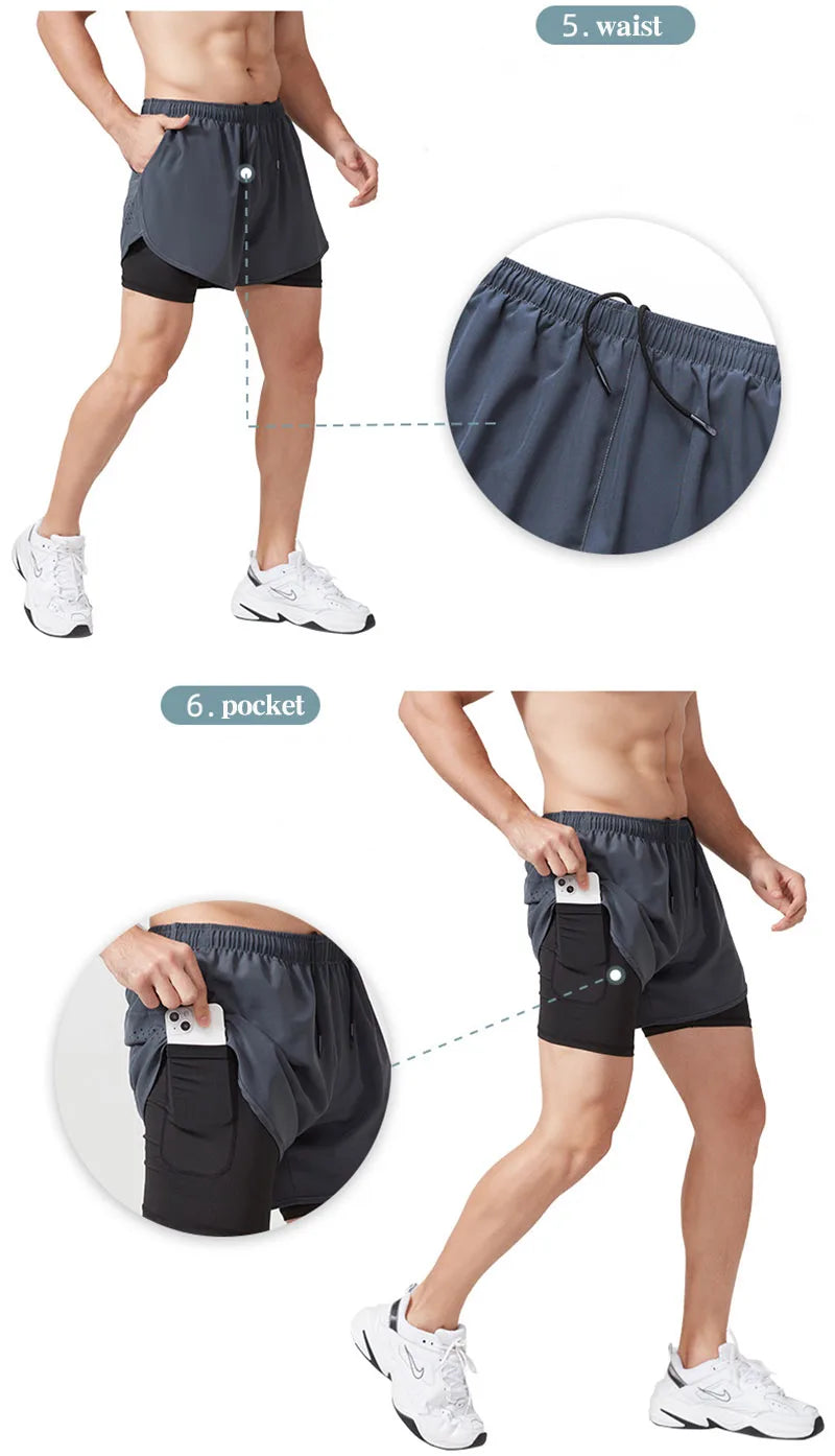 Männer Laufshorts Schnell trocknend Fitness Schwarz Doppel Schicht Shorts Männer Neue Sport Workout Training Bodybuilding Kurze Hosen