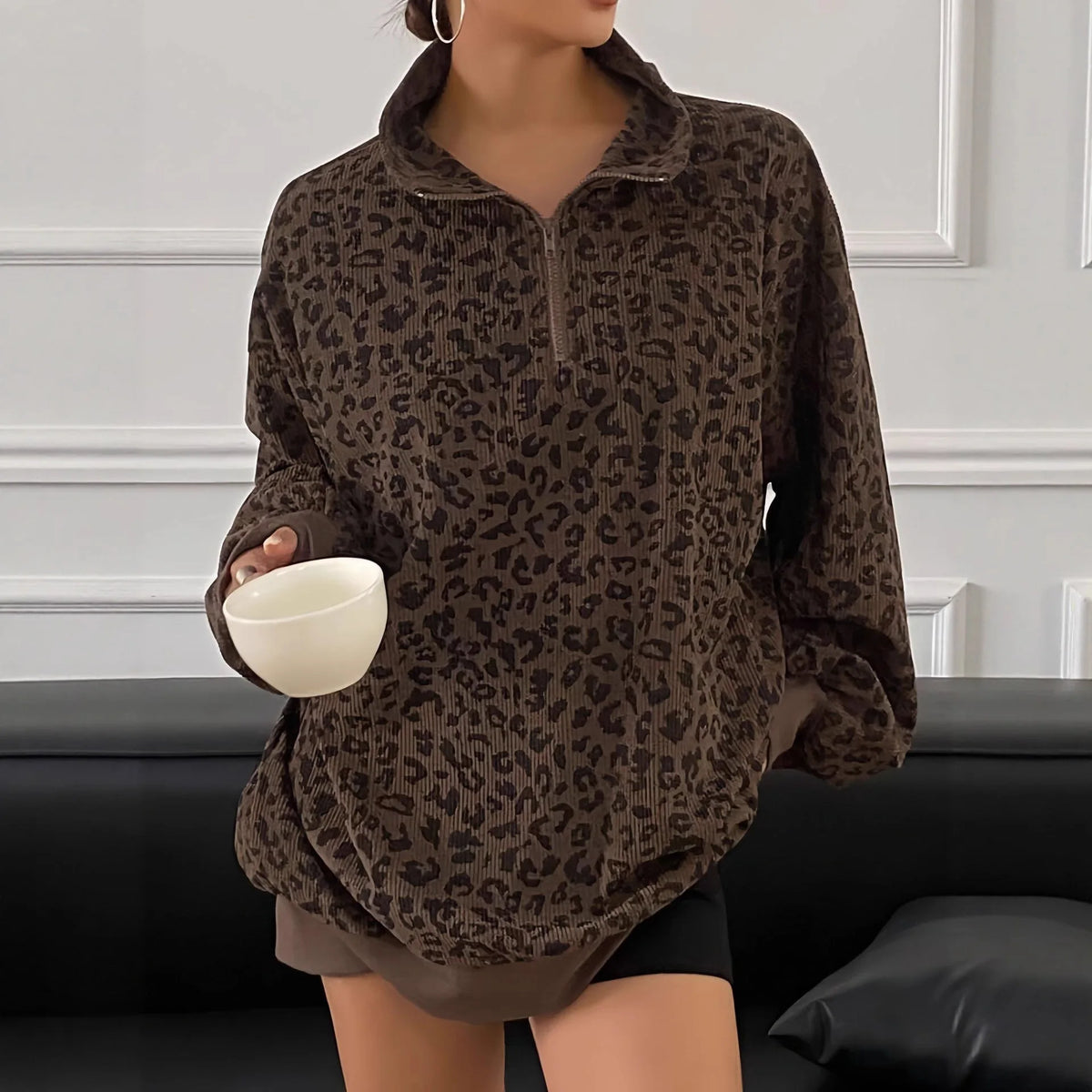 Damen Stehkragen Leopardenmuster Half Zip Mode Pullover Langarm Sweatshirt Herbst Winter Sudaderas Herbst Pullover Damen