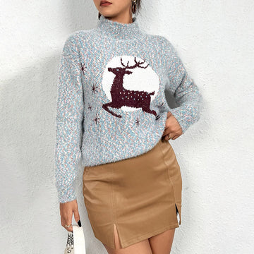 Vintage Herbst Mode Damen Mittelhoher Halsausschnitt Elch Weihnachtsmode Druck Pullover Langarmpullover О гроут Tinggi فسات فщин