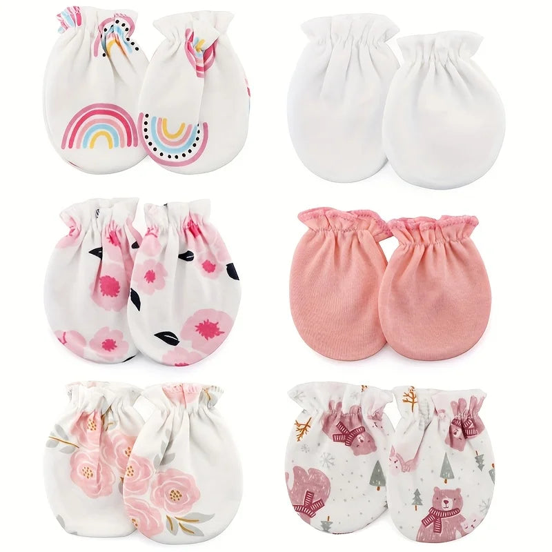 6 Paare/los Neugeborenen Handschuhe Cartoon Drucke Baby Jungen Mädchen Fäustlinge Neue Geboren Gesichtsschutz Fäustling Babys Dusche Geschenk 100 % Baumwolle