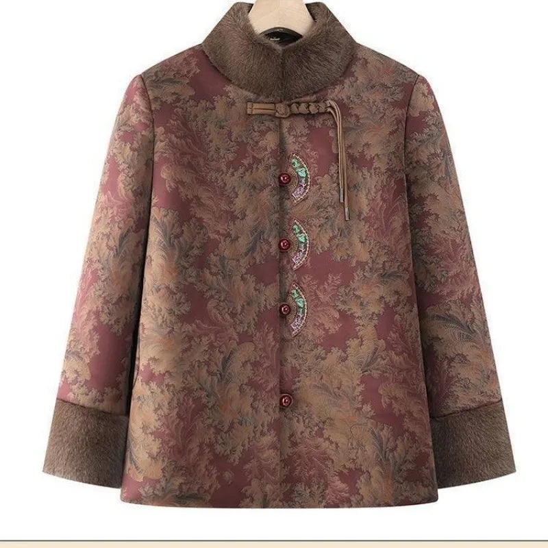 Damenmantel im chinesischen Stil mit Blumenmuster, gefüttert mit Fleece, aus Baumwolle, dicker Wintermantel, Tang-Anzugjacke für ältere Damen, Mütter und Großmütter.