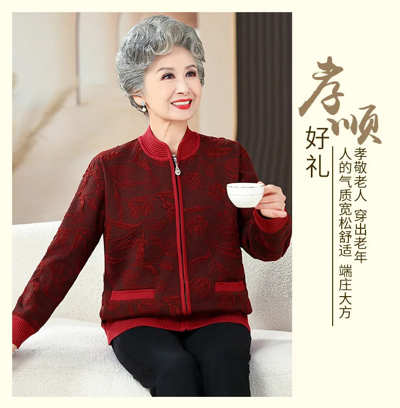 Plus Size Frauen drucken Strickjacke Mantel mittleren Alters Mutter schlanke Pullover Jacke Oma Winter Plüsch warme Kleidung