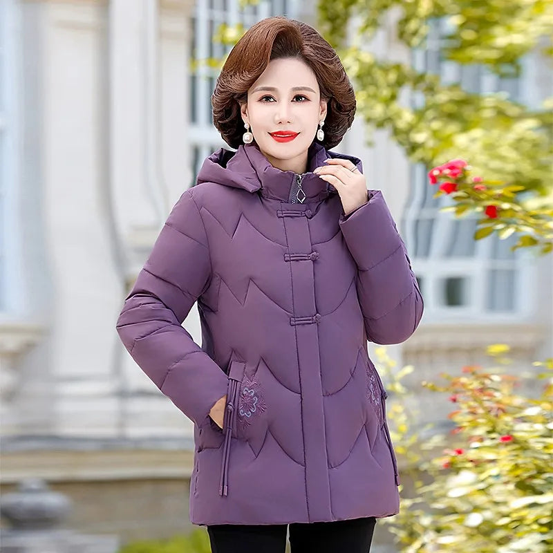 Frauen Winter Puffer Baumwolle Gefütterte Jacke Oma Mit Kapuze Fleece Dicke Parkas Warme Lose Retro Stickerei Schnee Mantel Lose Weibliche