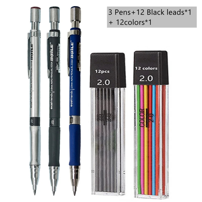 Druckbleistift-Set 2,0 mm mit 2B-Schwarz/Farben-Minenminen zum Schreiben, Skizzieren, Kunst, Zeichnen, Malen, Schule, automatischer Bleistift