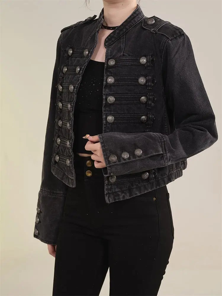 Damenbekleidung Kurzmantel Neue Jeansjacke Retro-Knopfdesign Schlanker Stehkragen Lange Ärmel Jeansoberteil Jacke Kurzmantel