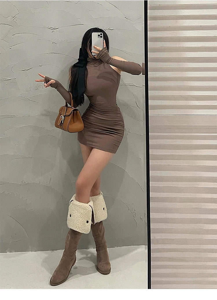 Sommer Sexy High Neck Enges Kleid Oversleeve Plissee Unten Eingewickelt Hüfte Kleid Frauen Bodycon