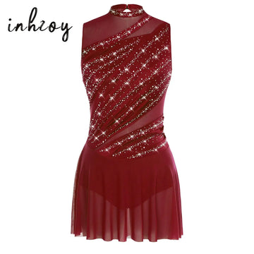Damen-Ballettkleid mit Rüschen, lyrisches Tanzkleid, runder Kragen, ärmellos, Strass, rückenfrei, für Bühnenauftritte, Wettbewerb