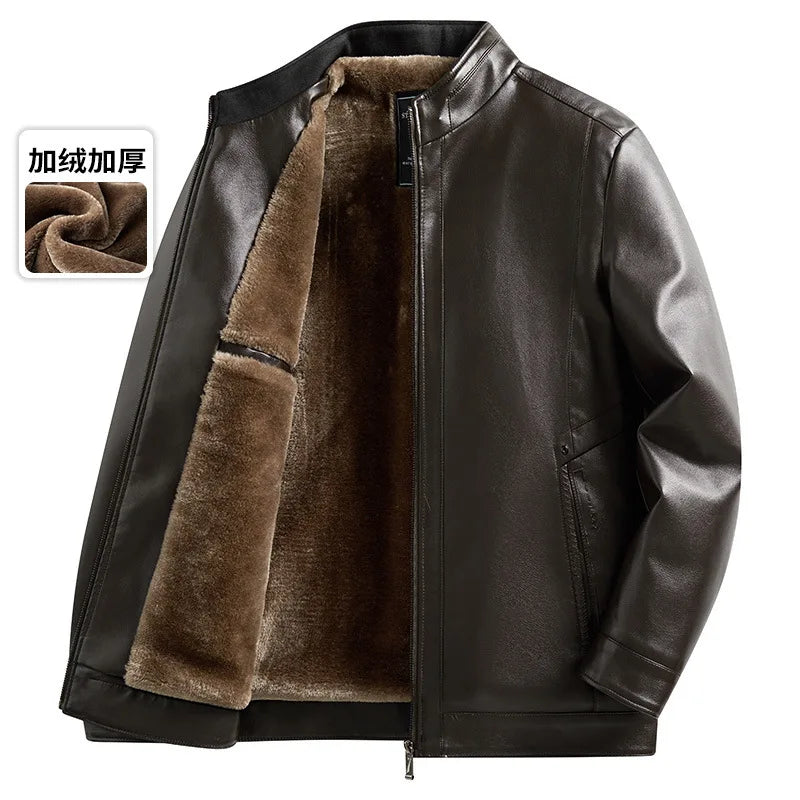 Verdickte Fleece-gefütterte Stehkragen Herren-Lederjacke Winter warmer Mantel für Papa und Opa PU-Leder City Style Casual Outwe