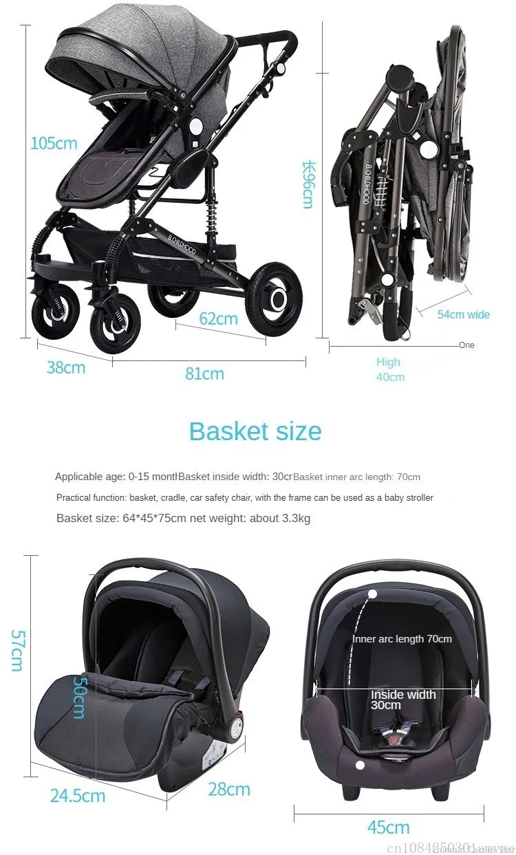 3-in-1-Kinderwagen, klappbar, beidseitig nutzbar, für alle Jahreszeiten, Kinderwagen, Babykutsche, hohe Sitzposition, für Neugeborene, Reisen