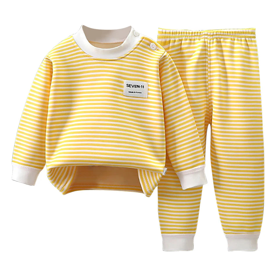 Warmes Baby-Kleidungsset mit Fleece-Futter für Kinder, Jungen und Mädchen, gestreifte Unterwäsche, Nachtwäsche-Set, ideal für Zuhause, Pyjamas, Herbst und Winter
