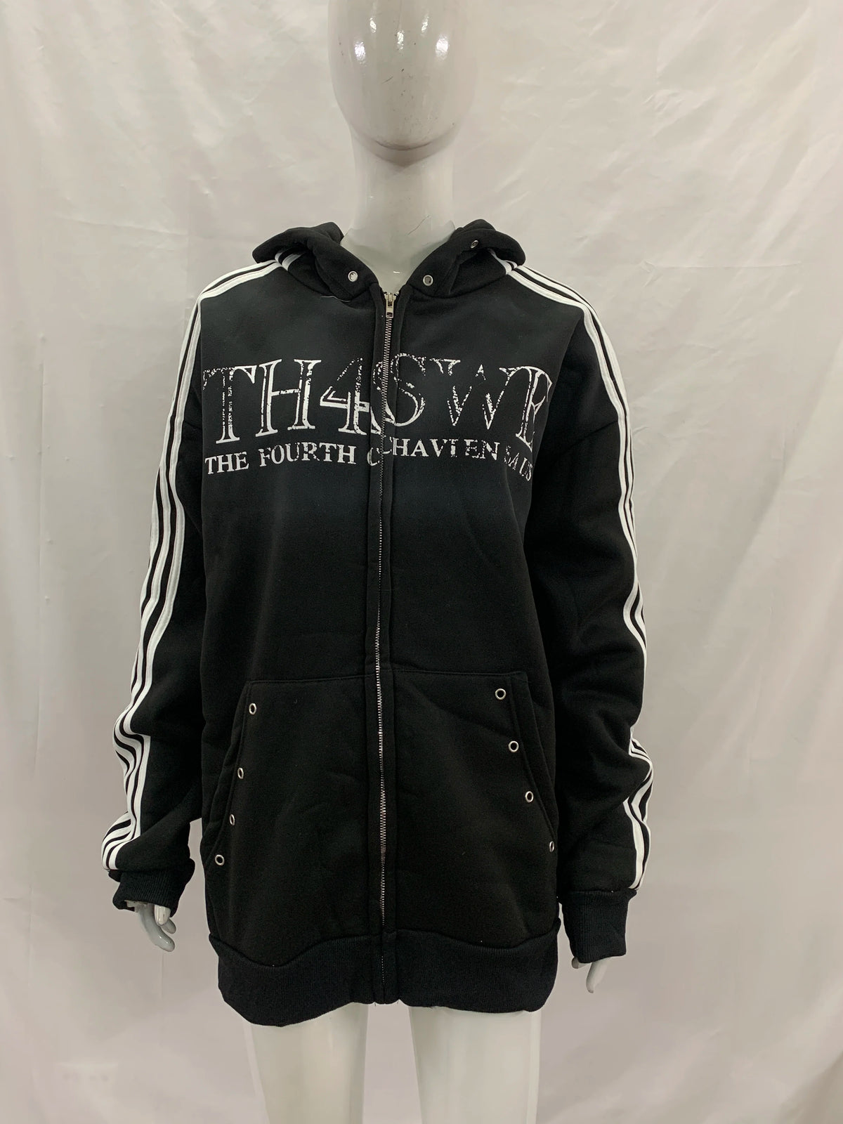 Kurze Kapuzenjacke mit Reißverschluss für Junge Männer, Oversized mit Fallenden Schultern, Gestreiften Ärmeln, Ösen-Taschen, Vintage-Schriftzug, Dunkler Street-Style für Teenager