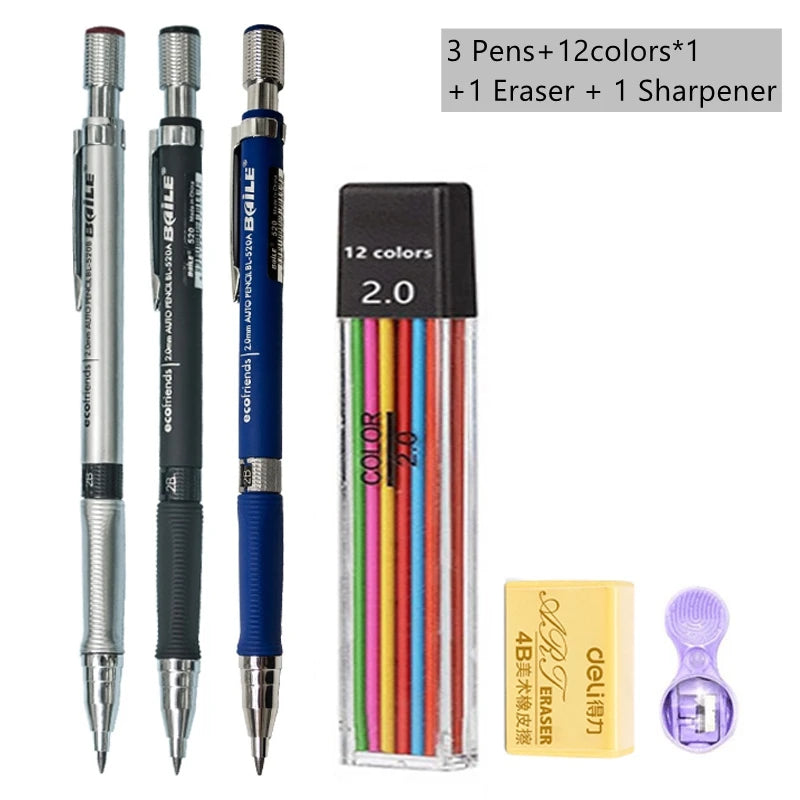 Druckbleistift-Set 2,0 mm mit 2B-Schwarz/Farben-Minenminen zum Schreiben, Skizzieren, Kunst, Zeichnen, Malen, Schule, automatischer Bleistift
