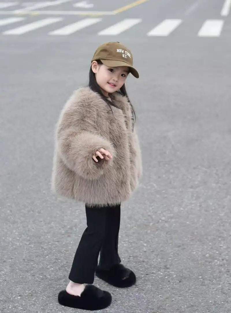 Gefälschte Pelz Mädchen Jacke Herbst Winter Neue Einfarbig Dicke Warm Halten Einreiher Mantel Für 3-10 Jahre mädchen Mode Oberbekleidung