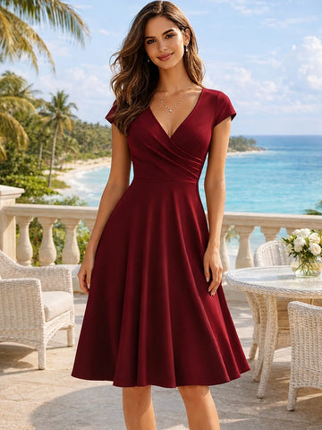 Elegantes Damenkleid mit Rundhalsausschnitt, Kurzen Ärmeln, Einfarbig, A-Linie, Knielang, Hohe Taille, für Partys, Hochzeiten und Freizeit