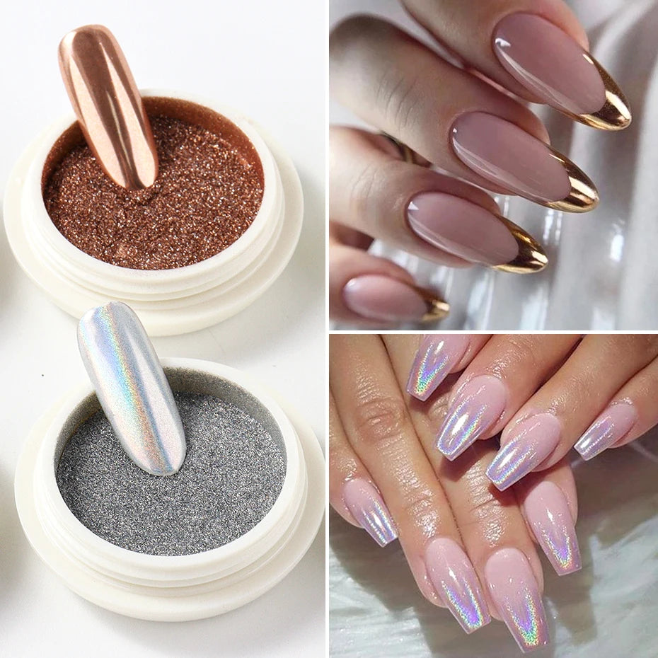 6 Stück Chrom-Spiegel Weißes Nagelpulver Pigment Gold Silber Reibpulver Holographisches Aurora Schillerndes Metallisches Nagelkunst-Dekorationspulver