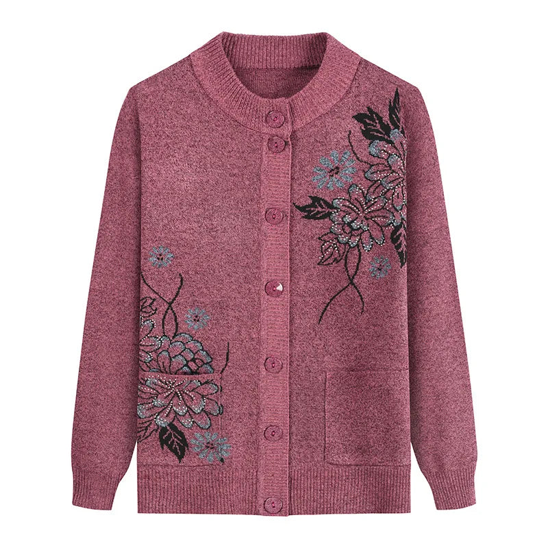 Neue Druck Mittleren Alters Mutter der Frühling Herbst Langarm Pullover Frauen Gestrickte Bodenbildung Shirt Wolle Winter Oma Strickjacke
