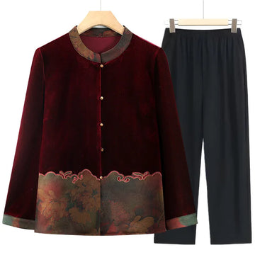 Samtjacke für ältere Frauen, Frühling/Herbst, Blumenmuster, Stehkragen, lange Ärmel, locker geschnittener Mantel für alte Großmütter