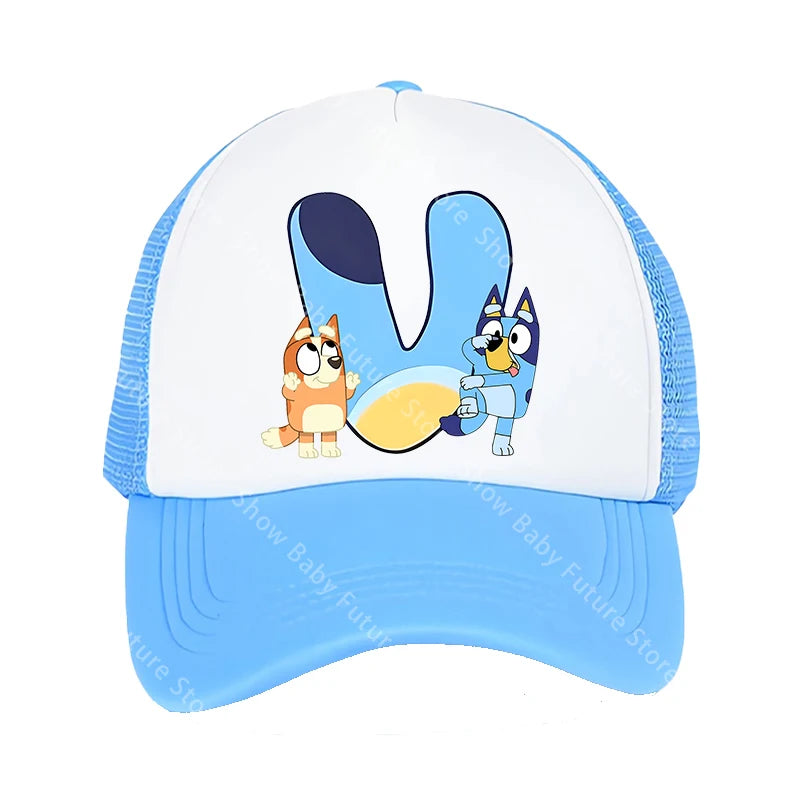 Blueys Baseballkappen für Erwachsene, Jungen und Mädchen, Kawaii-Buchstaben, zwei Größen, atmungsaktive Sport-Mesh-Mütze, niedlicher Cartoon-Anime-Sonnenhut, Geschenke