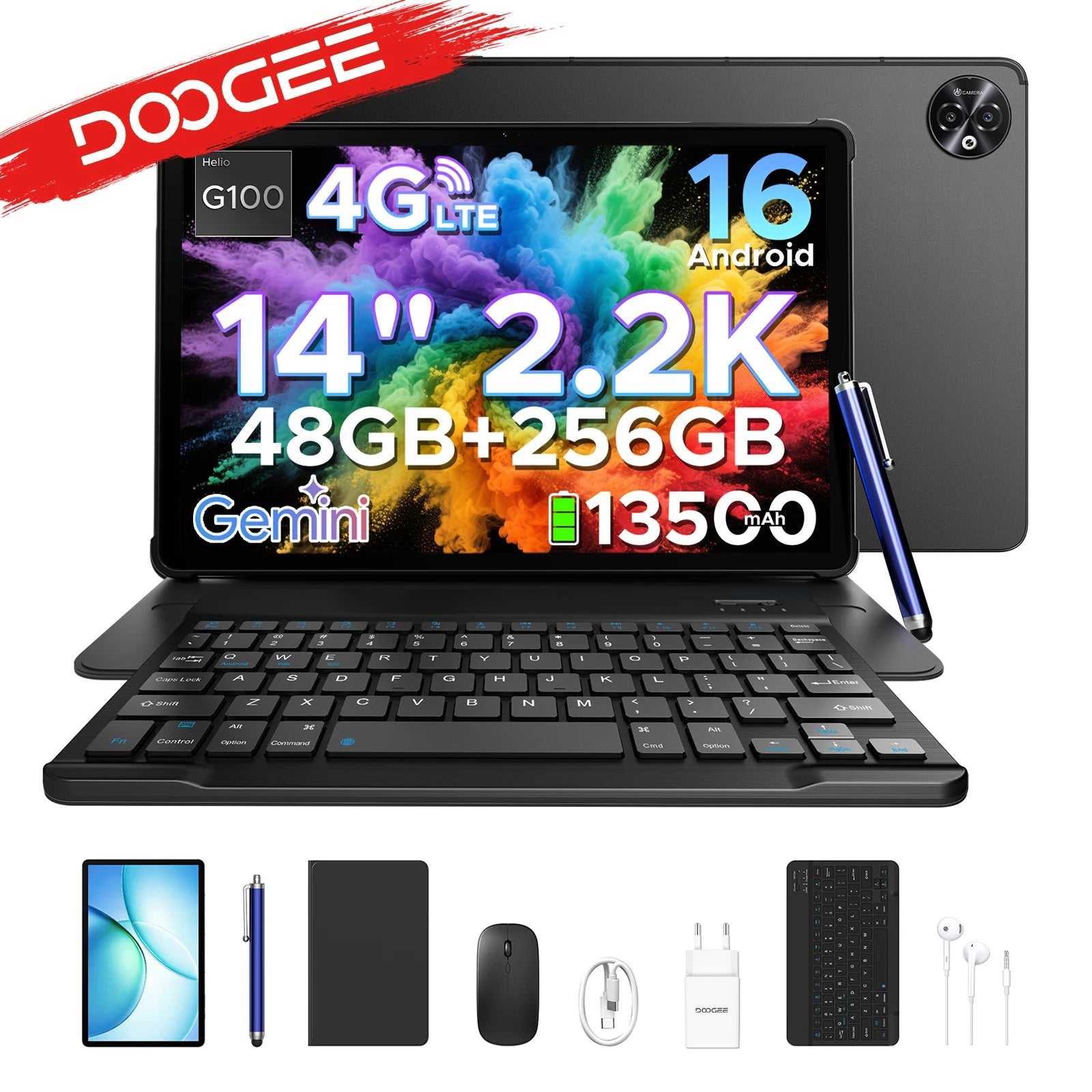 DOOGEE Tablet-PC 2-in-1 Tab E3 Max Gmini AI 14-Zoll-Bildschirm 2.2K Akku mAh Android 16 48GB (8 + 40) 256 GB Helio G100 AI Tablet
