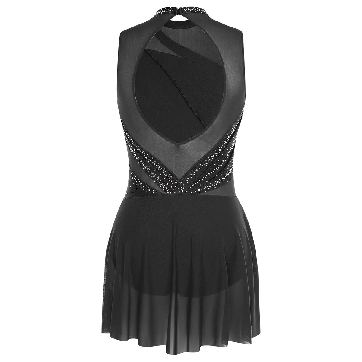 Damen-Ballettkleid mit Rüschen, lyrisches Tanzkleid, runder Kragen, ärmellos, Strass, rückenfrei, für Bühnenauftritte, Wettbewerb