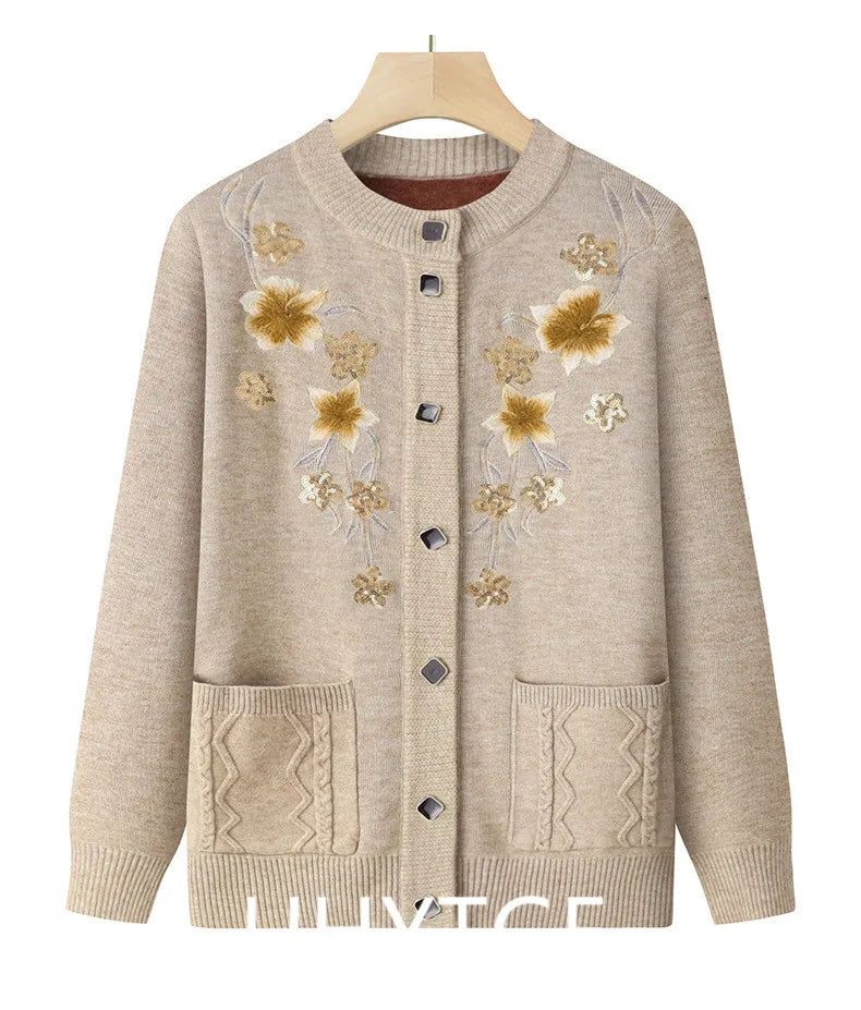 Herbst Winter warme Pullover Jacke Damen Print mittleren Alters Mutter Strickjacke Oma plus Samt Strickjacke Mantel weiblich 2915
